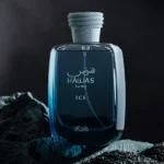 Close-up of Rasasi Hawas Ice perfume bottle showing the blue aquatic fragrance