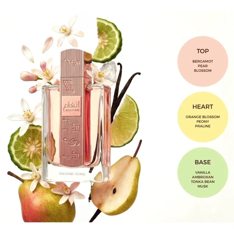 Close-up of Lattafa Angham Second Song perfume with floral and woody notes