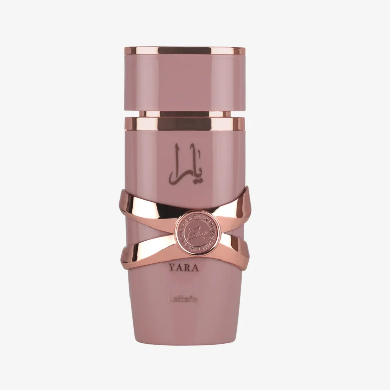 Lattafa Yara Elixir 100ml EDP bottle in luxury rose-gold packaging – Purple Orchid Perfume Bahrain.