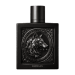 Close-up of Rayhaan Wolf bottle in bright high-end lighting with subtle amberwood positioned directly behind the glass.