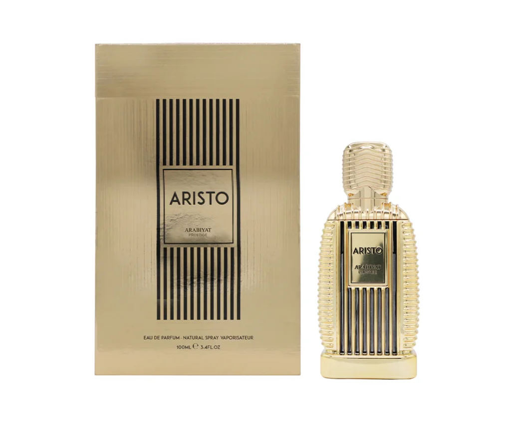 Arabiyat Prestige Aristo perfume with minimal ginger blossoms and mandarin strictly behind the bottle.