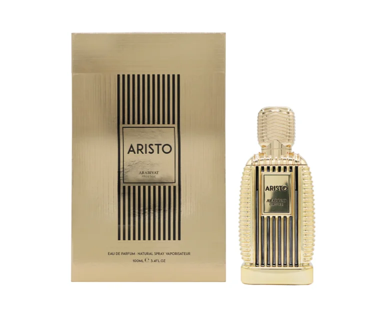 Arabiyat Prestige Aristo perfume with minimal ginger blossoms and mandarin strictly behind the bottle.
