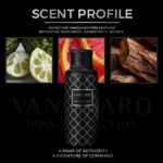 Luxury chypre leather perfume Maison Asrar Vanguard 100ml on a plain white backdrop with no stand.