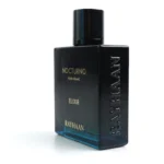 Rayhaan Nocturno Elixir perfume with minimal mint leaves and sandalwood placed strictly behind the bottle.