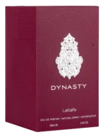 Lattafa Dynasty perfume with minimal ginger root and raspberry placed strictly behind the bottle.