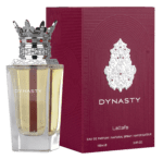 Lattafa Dynasty perfume with minimal ginger root and raspberry placed strictly behind the bottle.