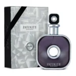 Armaf Infinity Silver perfume with minimal fresh grapefruit and cedarwood placed strictly behind the bottle.