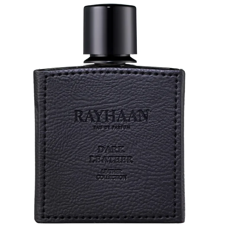 Rayhaan Dark Leather 100ml bottle centered on a pristine clean background.