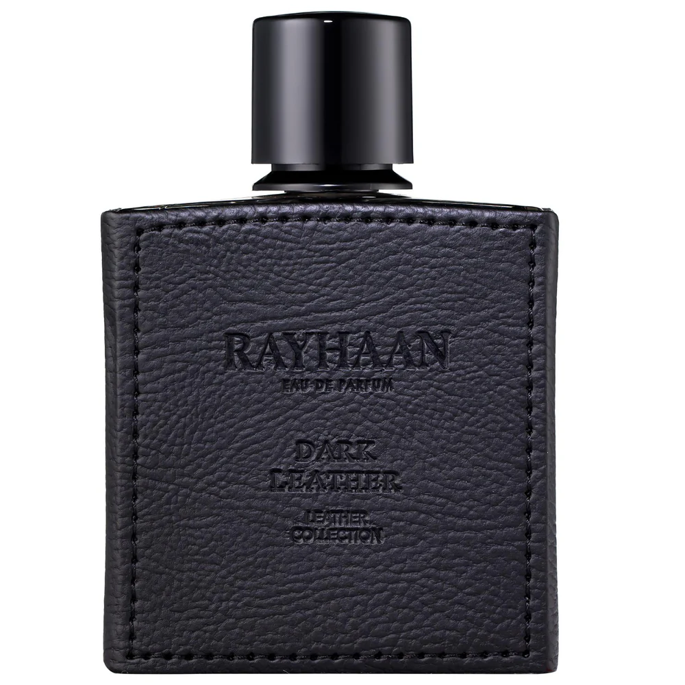 Dark Leather Rayhaan Dark Leather 100ml bottle centered on a pristine clean background.