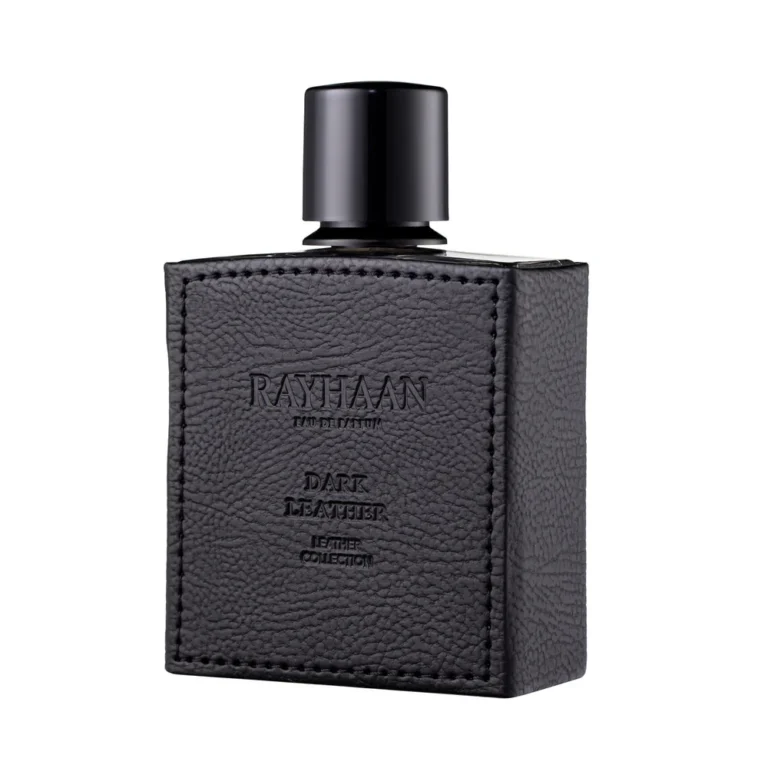 Rugged men's leather fragrance Rayhaan Dark Leather 100ml on a plain white backdrop with no stand.