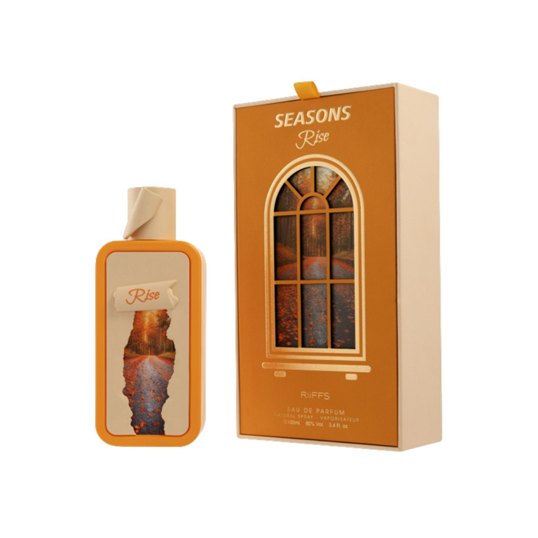 Riiffs Seasons Rise perfume with minimal vanilla beans and cinnamon sticks placed strictly behind the bottle.
