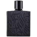 Rayhaan Dark Leather perfume with minimal juniper berries and birch wood placed strictly behind the bottle.