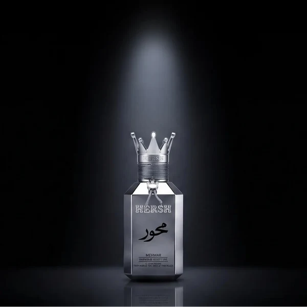 Luxury floral woody fragrance Hersh Mehwar Al Ezz Oud 100ml on a plain white backdrop with no podium.