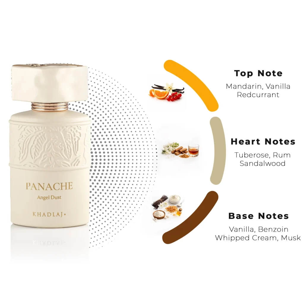 High-end minimalist product photo of Khadlaj Panache Angel Dust Extrait de Parfum without any background text or stands.