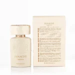Close-up of Panache Angel Dust bottle with subtle white tuberose flowers positioned strictly on the left and right sides of the glass