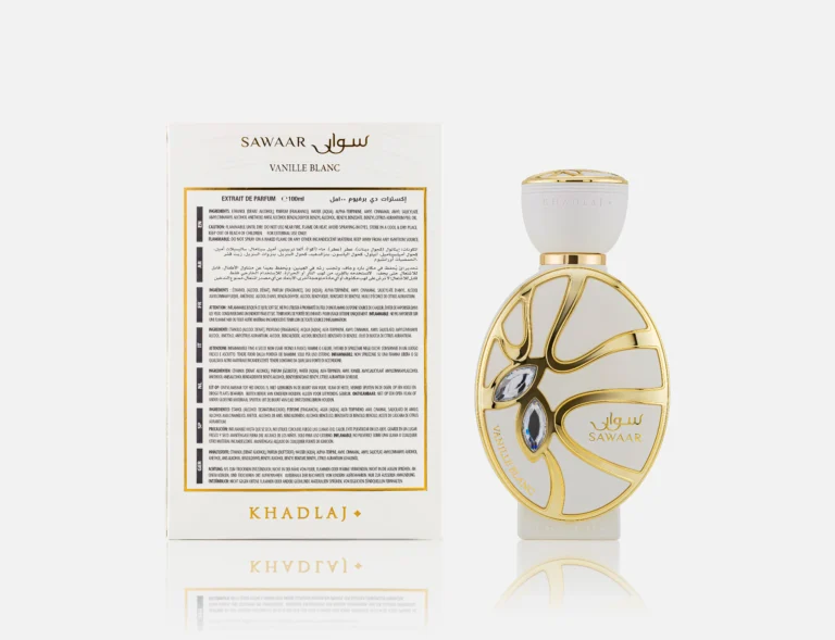 Khadlaj Sawaar Vanille Blanc perfume with minimal vanilla beans artistically arranged exclusively on the left and right sides of the bottle.