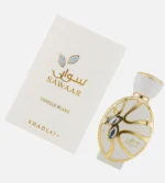 Luxury women's vanilla fragrance Khadlaj Sawaar Vanille Blanc 100ml on a plain white backdrop with no podium.