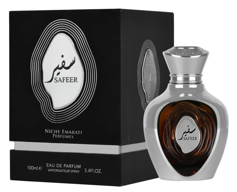 Lattafa Safeer perfume with minimal lemon and bergamot artistically arranged exclusively on the left and right sides of the bottle.