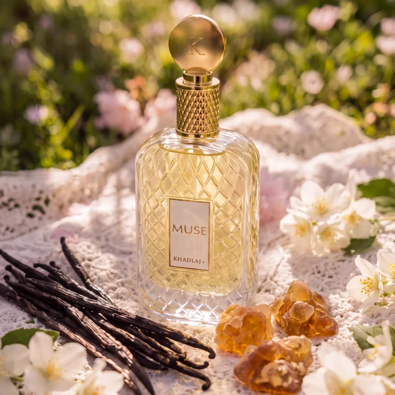 Luxury creamy floral fragrance Khadlaj Muse 100ml on a plain white backdrop with no podium.