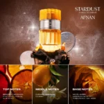 Luxury woody boozy fragrance Afnan Stardust 100ml on a plain white backdrop with no podium.