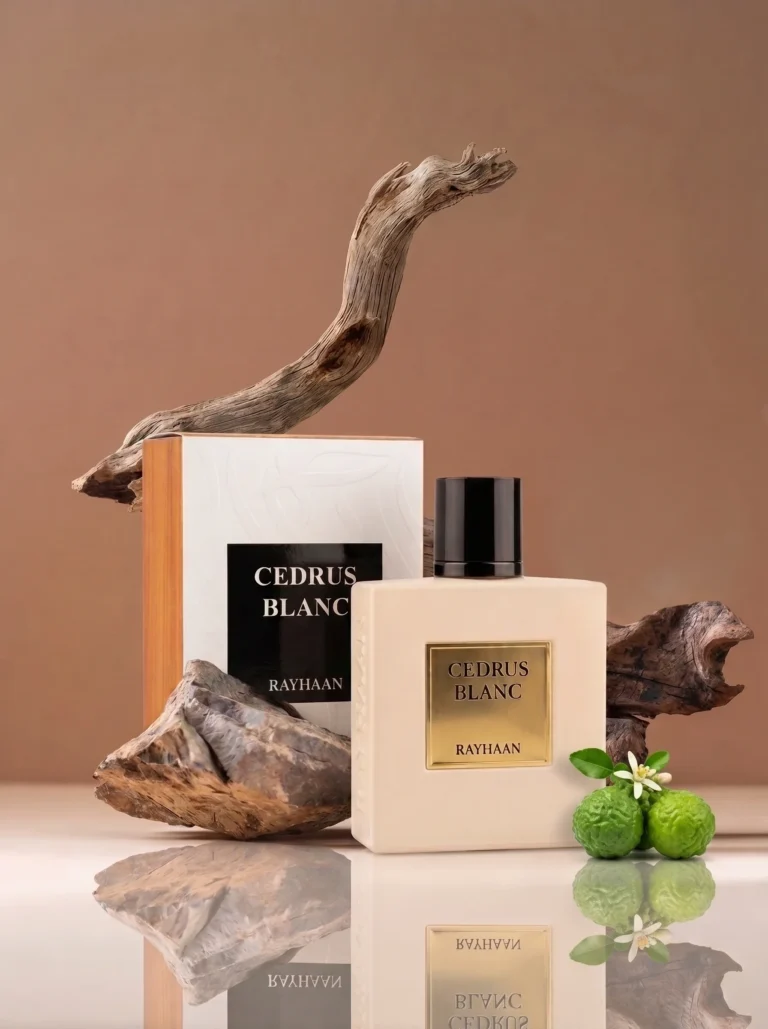 Rayhaan Cedrus Blanc perfume with minimal bergamot slices and cedarwood artistically arranged exclusively on the left and right sides of the bottle.