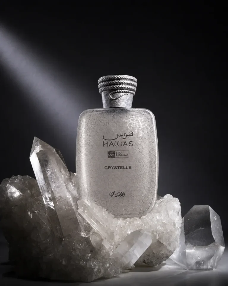 Rasasi Hawas Crystelle 100ml bottle centered on a pristine clean background with no stand.