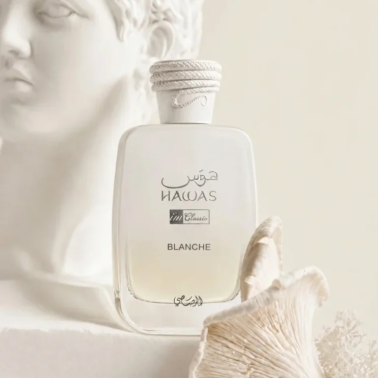 Rasasi Hawas Blanche 100ml bottle centered on a pristine clean background with no stand.