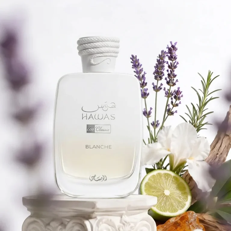 Rasasi Hawas Blanche perfume with minimal blackcurrants and fresh basil artistically arranged exclusively on the left and right sides of the bottle.