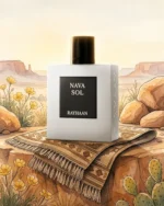 Close-up of Nava Sol bottle with subtle magnolia petals and cedarwood positioned strictly on the left and right sides of the glass.