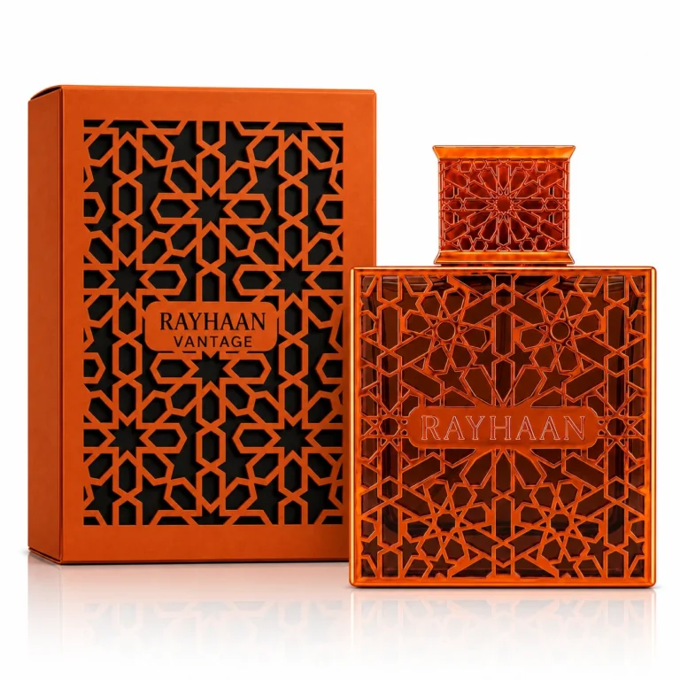 Luxury resinous woody fragrance Rayhaan Vantage 100ml on a plain white backdrop with no podium.