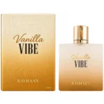 Rayhaan Vanilla Vibe perfume with minimal juicy plum halves and vanilla beans artistically arranged exclusively on the left and right sides of the bottle.