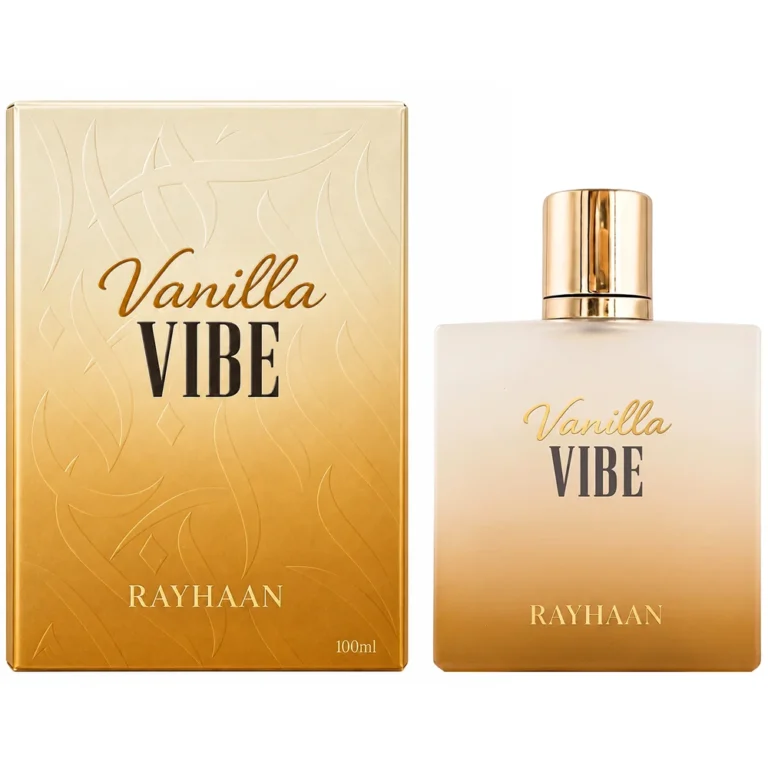Rayhaan Vanilla Vibe perfume with minimal juicy plum halves and vanilla beans artistically arranged exclusively on the left and right sides of the bottle.
