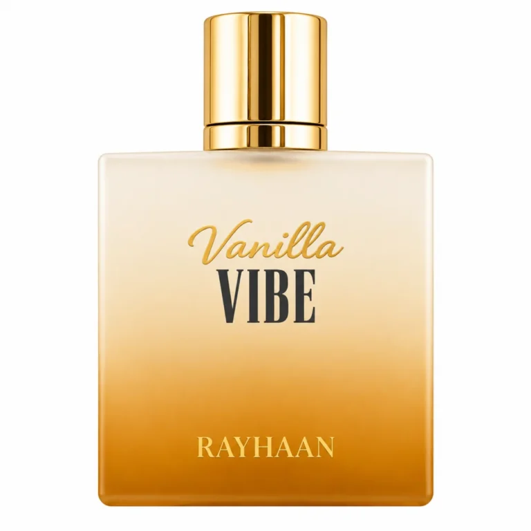 Rayhaan Vanilla Vibe 100ml bottle centered on a pristine clean background with no stand.